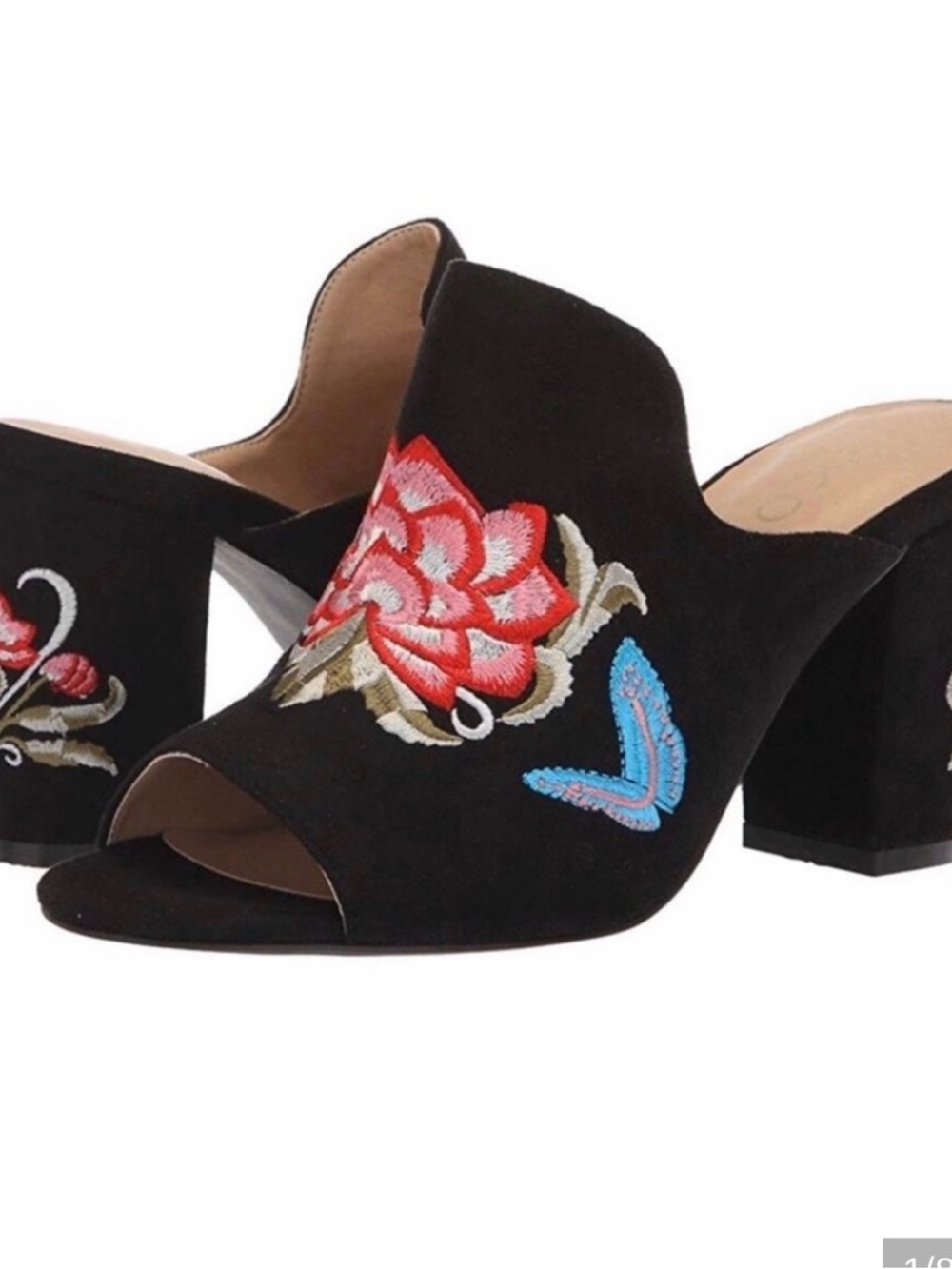 Coconuts by Matisse Black Suede Embroidered Floral & Blue Butterfly Mule